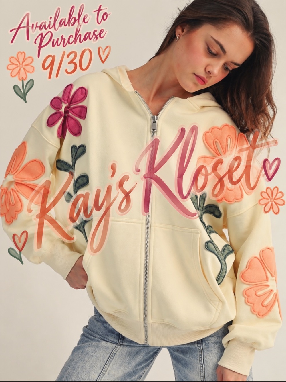 BF93–(ETA 9/30)🤍🧡🩷Cream Floral Teddy Zip Hoodie